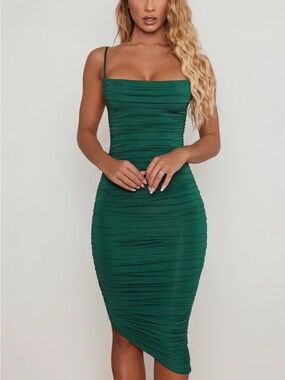 Oh Polly Deep Emerald Ruched Midi Dress